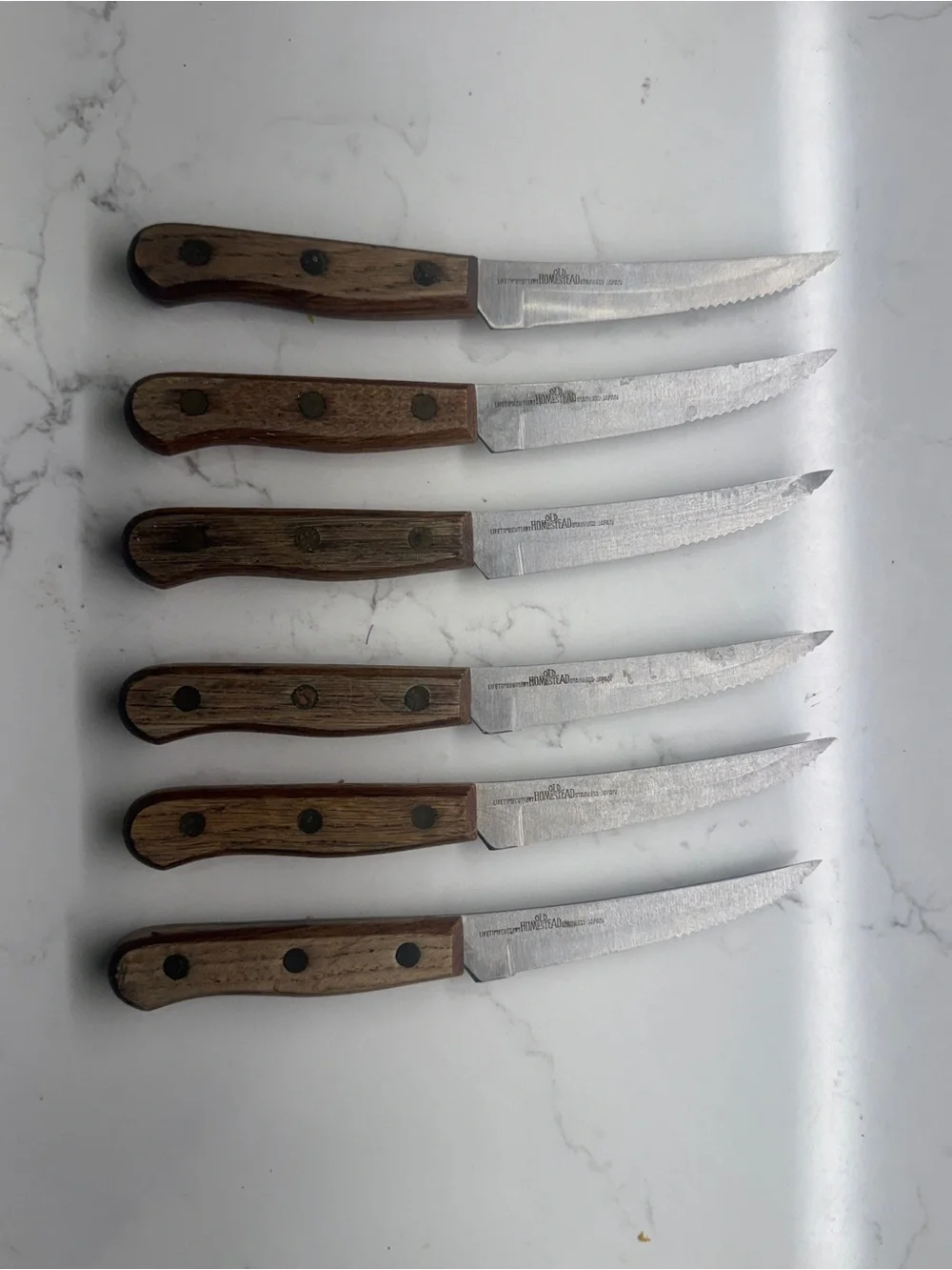 6 MCM Old Homestead Serrated Blade Steak Knives Knife Wood Handle